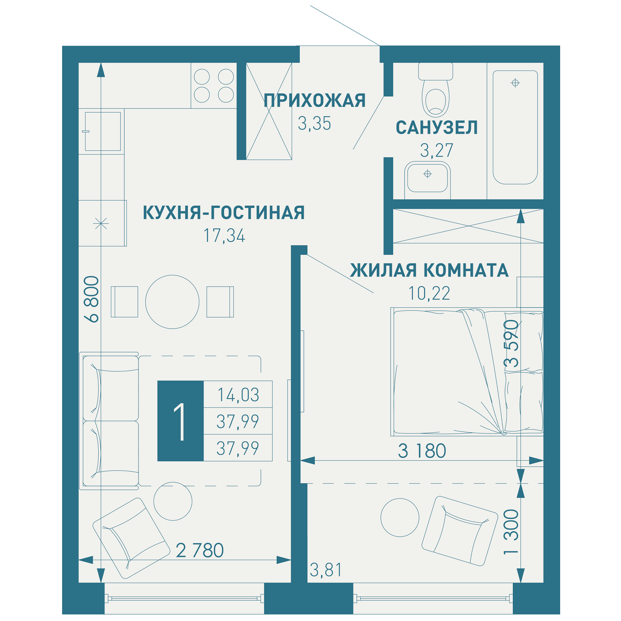 1-комнатная 40 м2 в ЖК ИНАЧЕ в Молодежном корпус null этаж 4