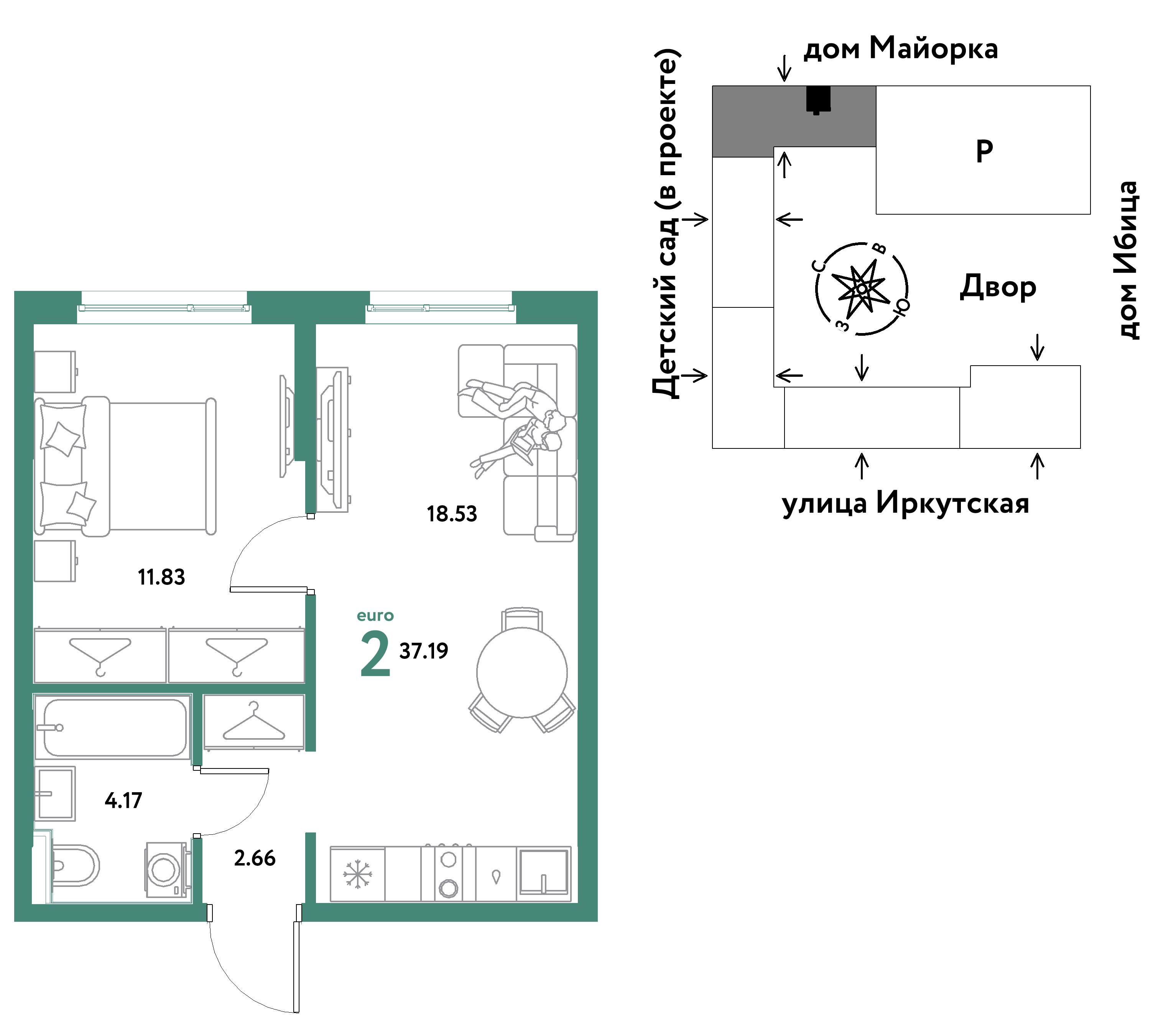 2-комнатная 37 м2 в ЖК Остров-сад корпус null этаж 17