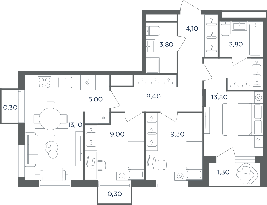4-комнатная 70 м2 в ЖК Равновесие корпус null этаж 4