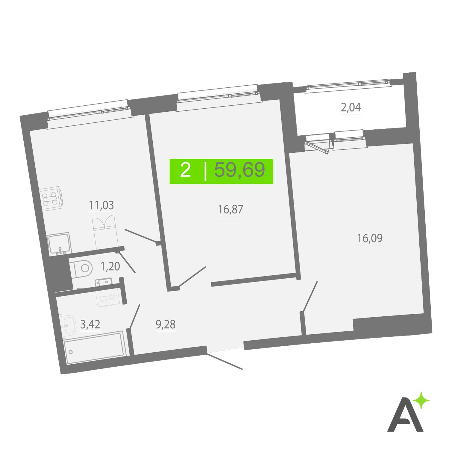 2-комнатная 59 м2 в ЖК Аквилон Рива корпус null этаж 14
