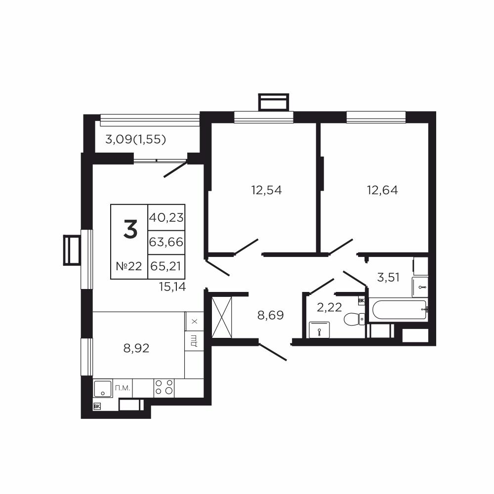 3-комнатная 66 м2 в ЖК Соседи корпус null этаж 3