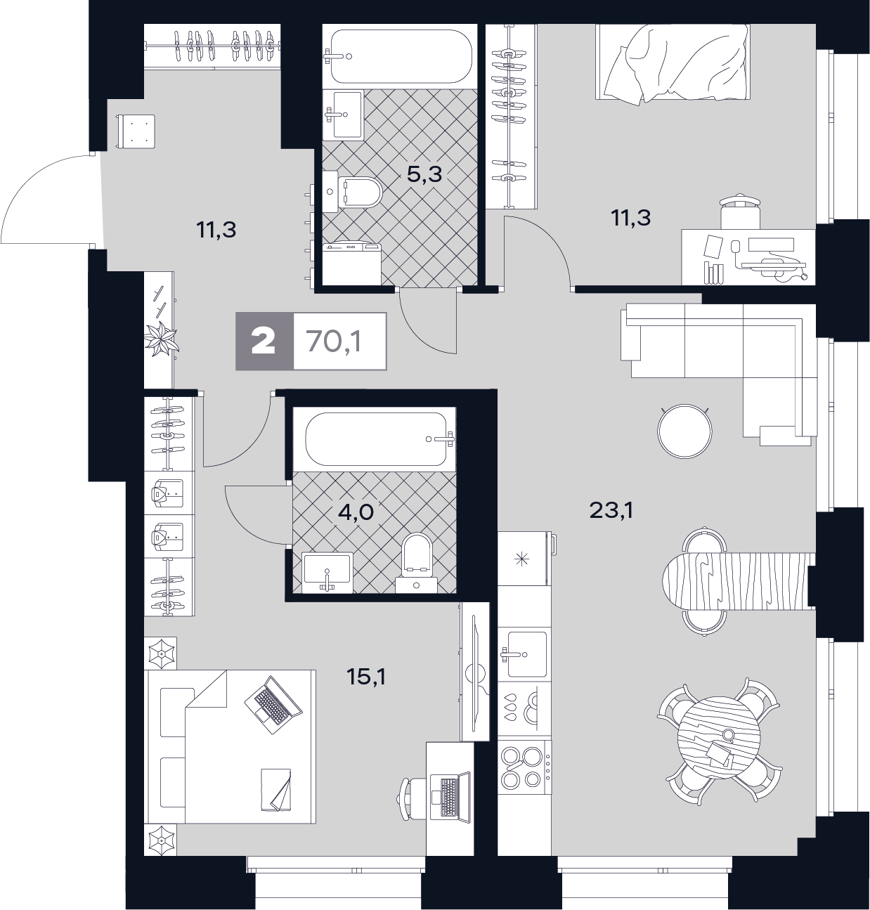 2-комнатная 70 м2 в ЖК Юту корпус null этаж 11