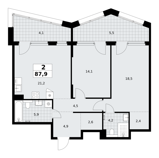 2-комнатная 87 м2 в ЖК Хольм корпус null этаж 5