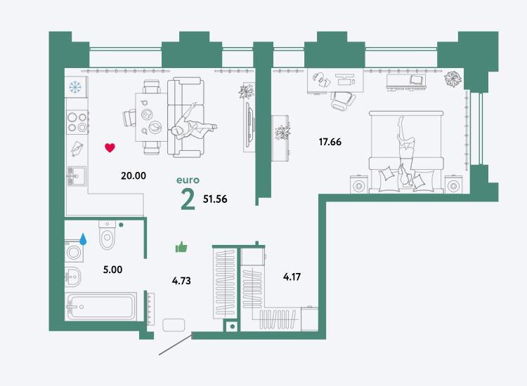 2-комнатная 53.6 м2 в ЖК undefined корпус null этаж 31