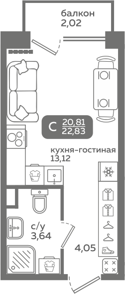 Студия 20 м2 в ЖК Меридиан Слобода корпус null этаж 2