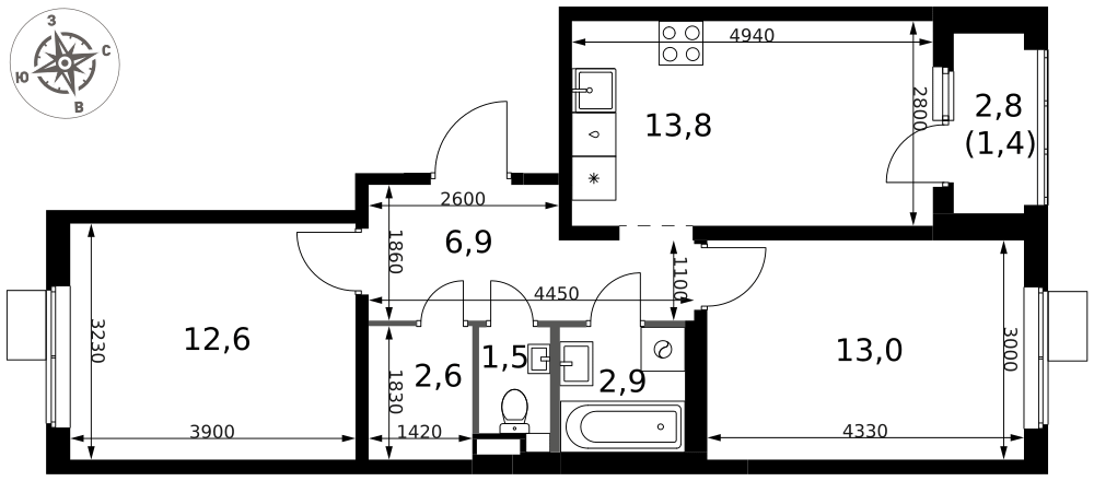 2-комнатная 54 м2 в ЖК 1-й Химкинский корпус null этаж 2