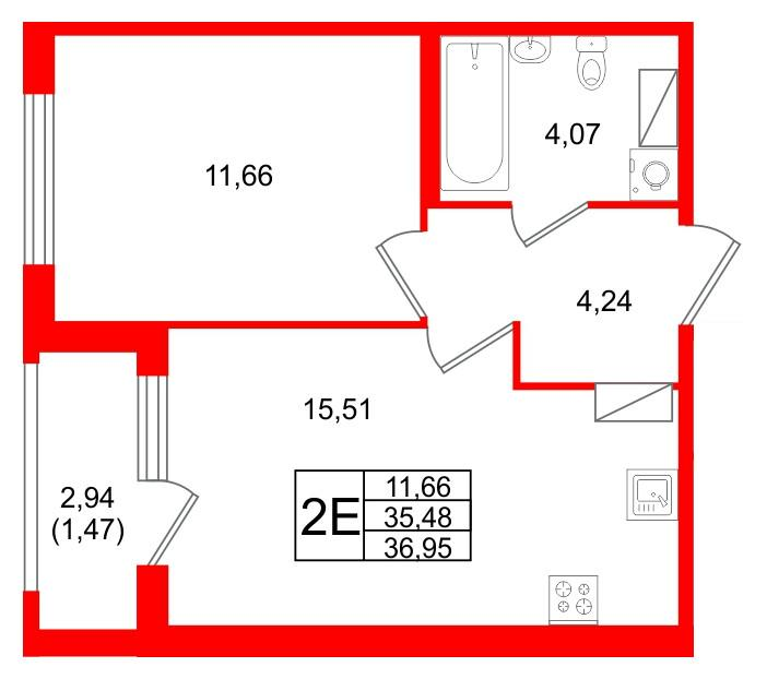 1-комнатная 36 м2 в ЖК Квартал Заречье корпус null этаж 3