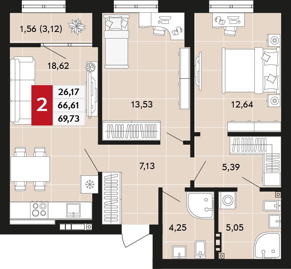 2-комнатная 69 м2 в ЖК Невский корпус null этаж 2