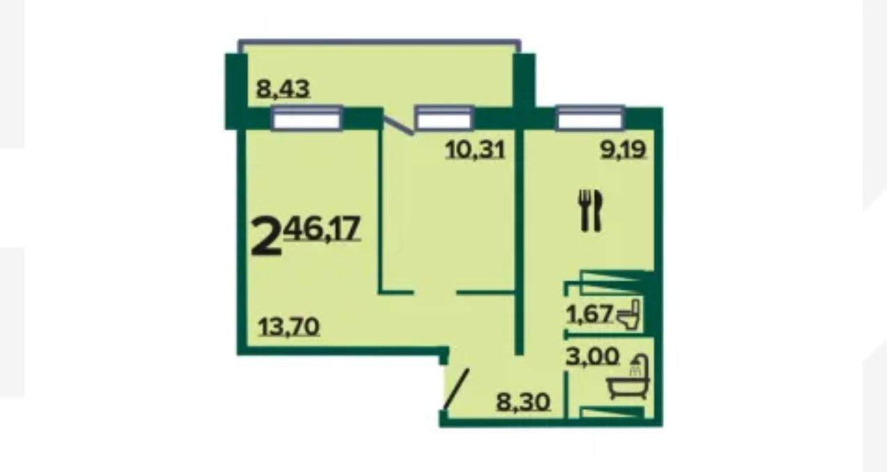 2-комнатная 46.2 м2 в ЖК undefined корпус null этаж 9
