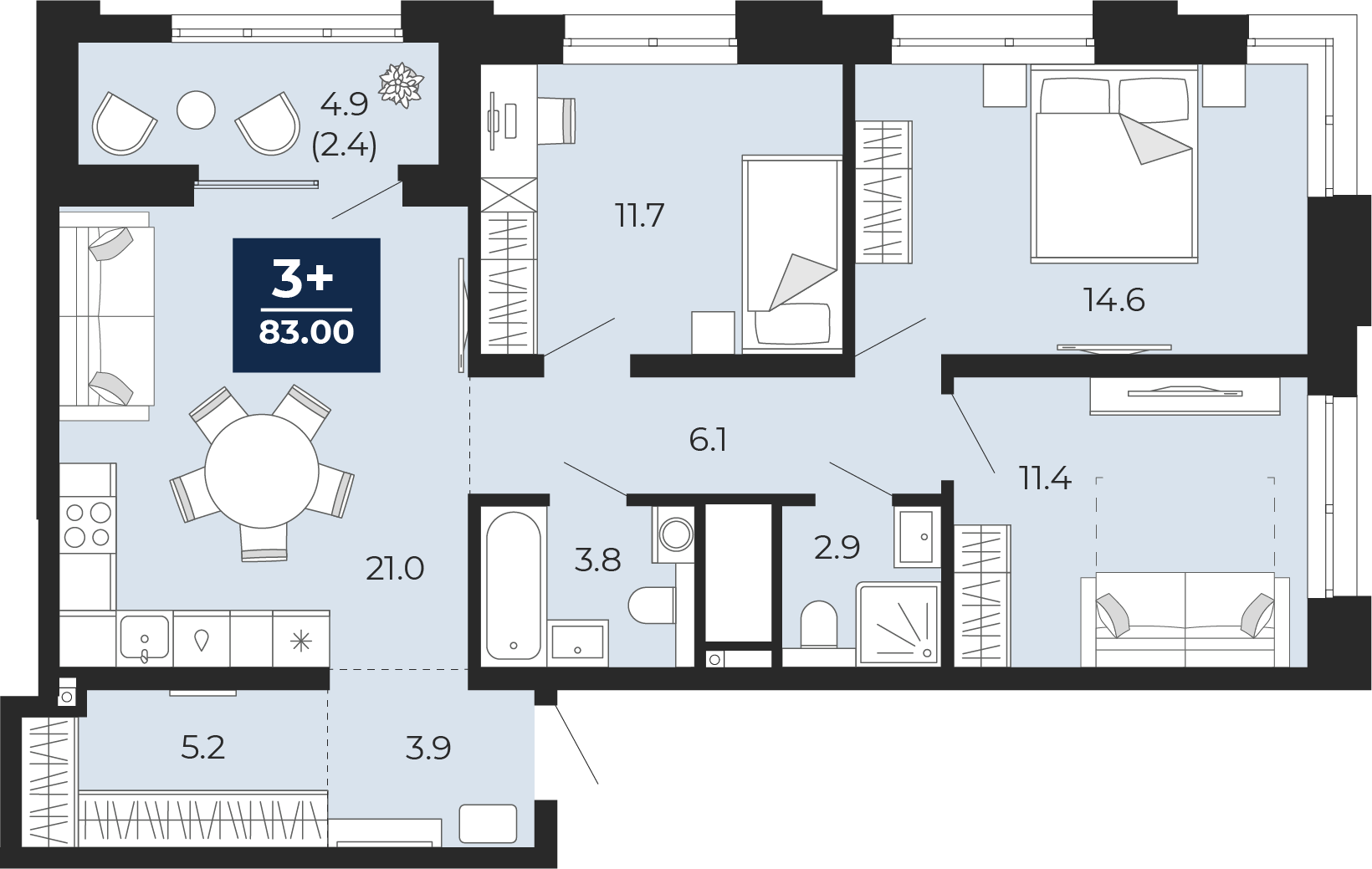 3-комнатная 80 м2 в ЖК Мириады корпус null этаж 3