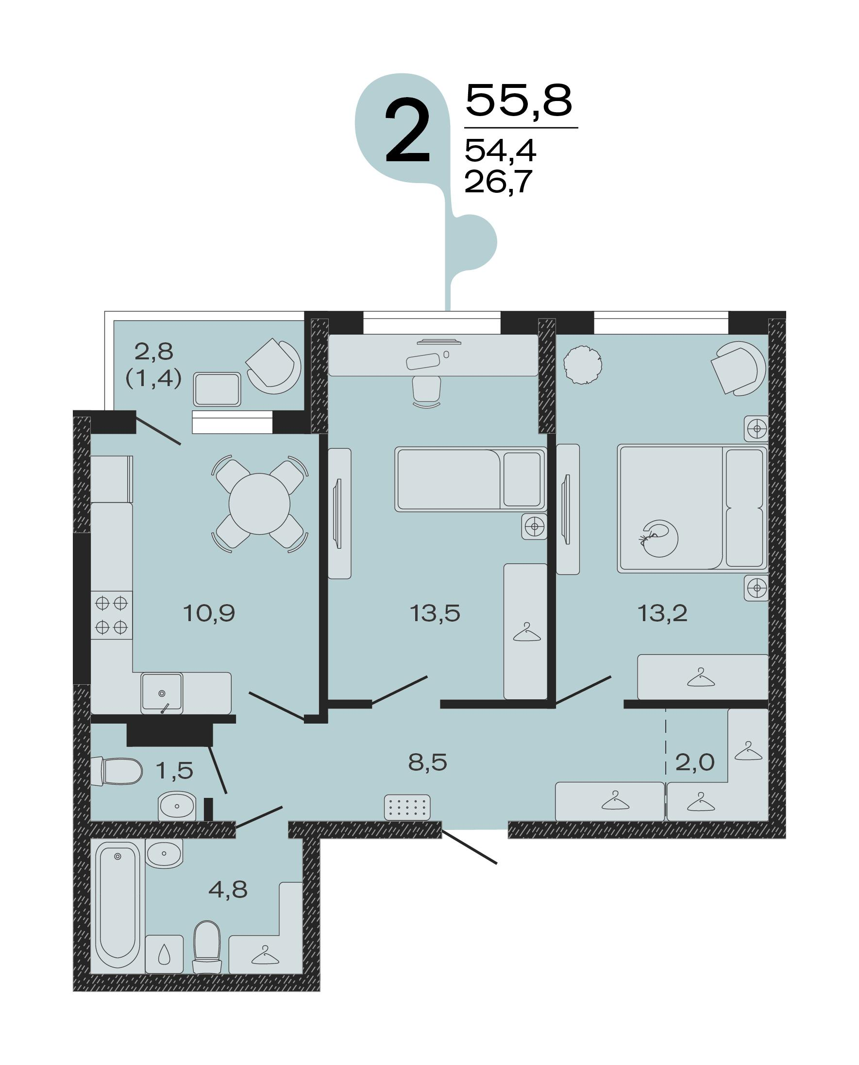 2-комнатная 55 м2 в ЖК ЭВО корпус null этаж 4