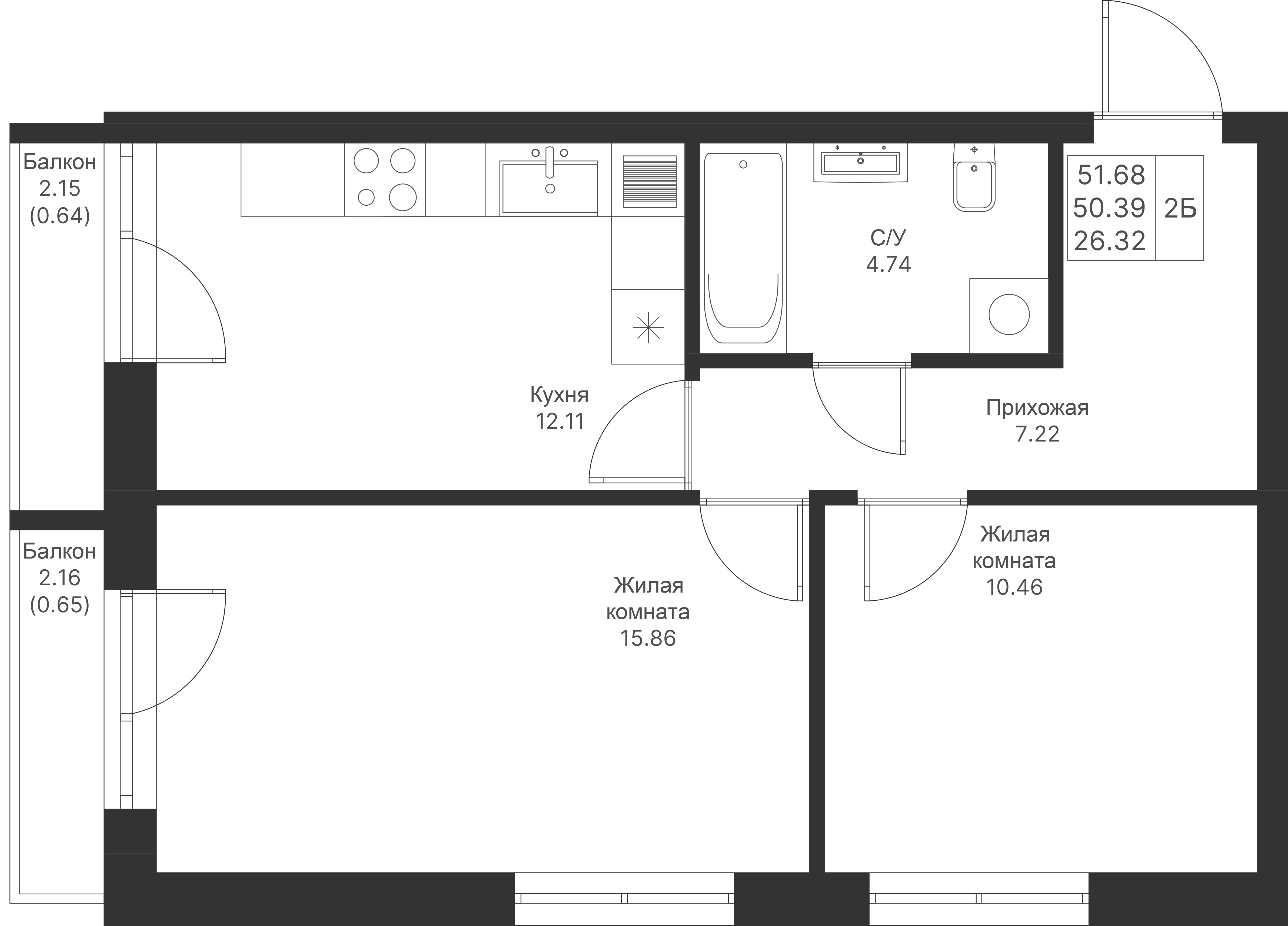 2-комнатная 51 м2 в ЖК Мой Ритм корпус null этаж 6
