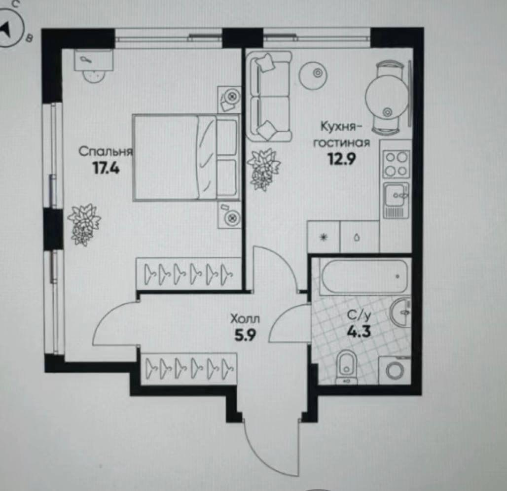 1-комнатная 40.5 м2 в ЖК undefined корпус null этаж 25