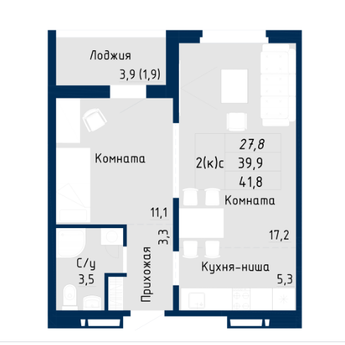 1-комнатная 41.8 м2 в ЖК undefined корпус null этаж 7