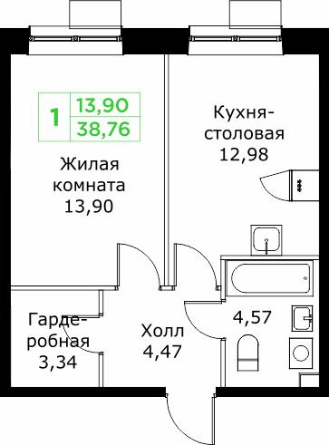 1-комнатная 38 м2 в ЖК Кит корпус null этаж 18