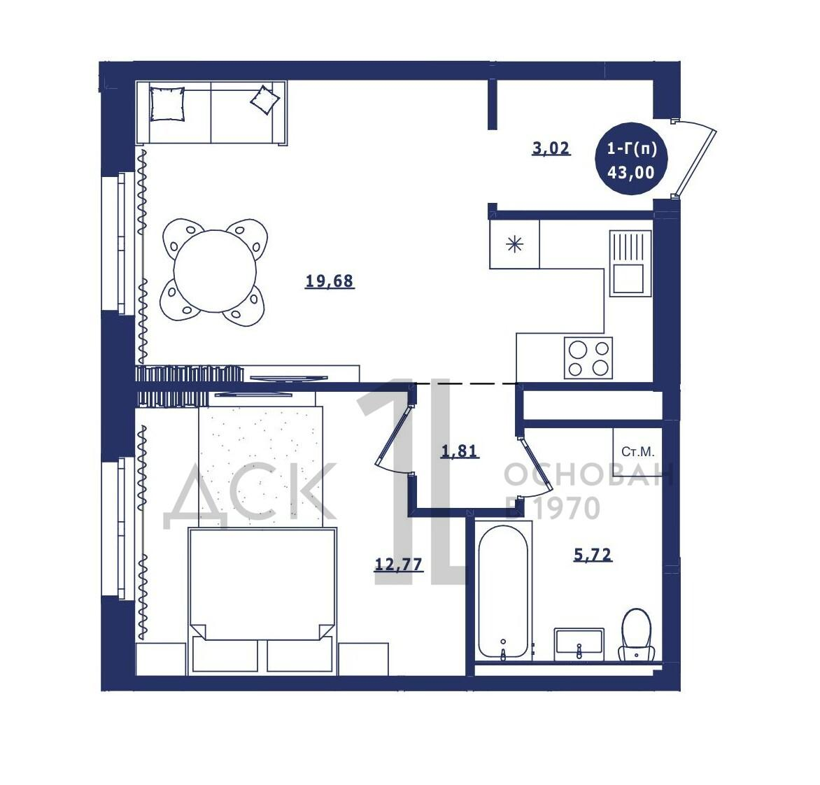 1-комнатная 43 м2 в ЖК Крылов корпус null этаж 15
