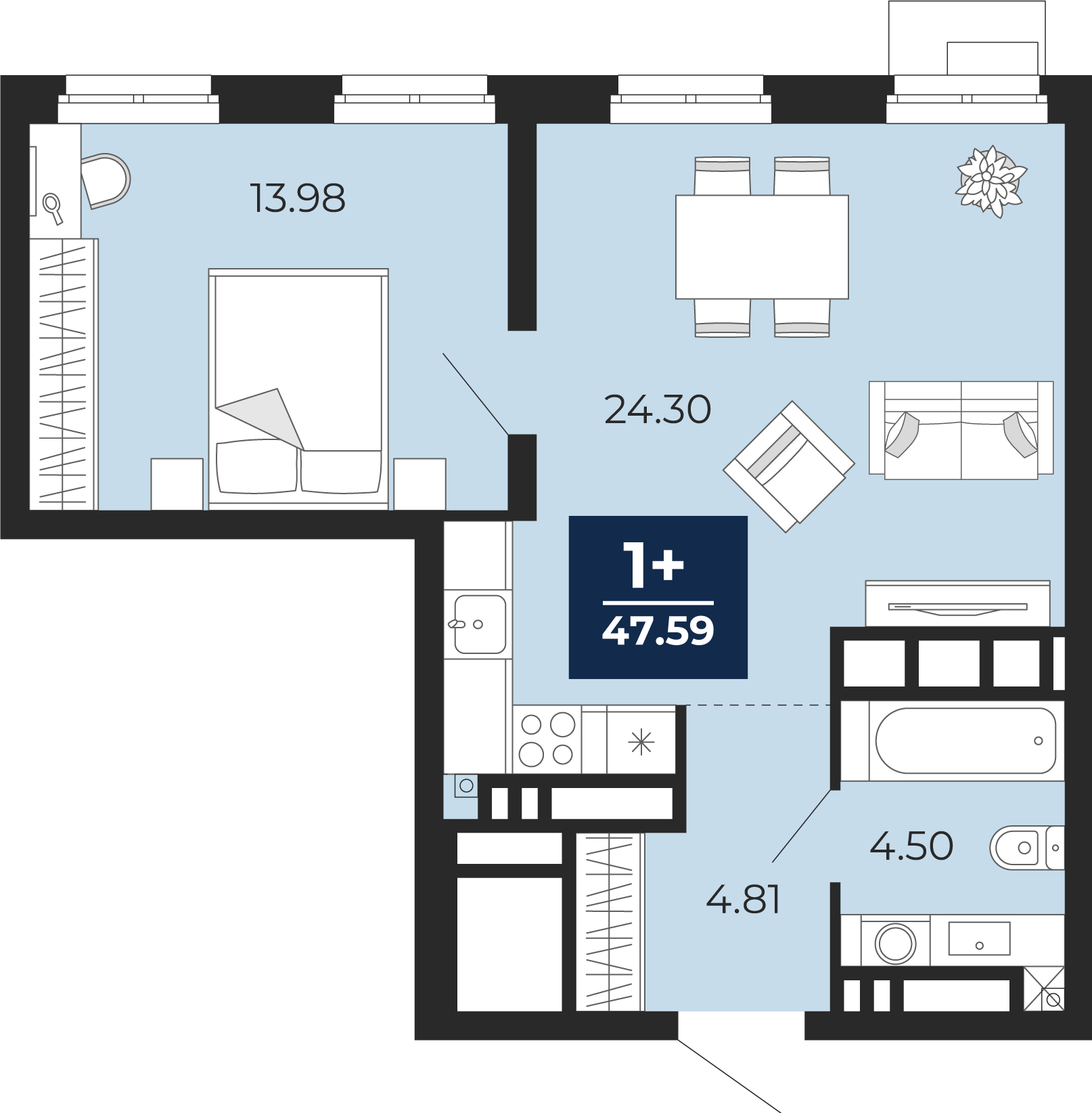 1-комнатная 47 м2 в ЖК Айвазовский корпус null этаж 8