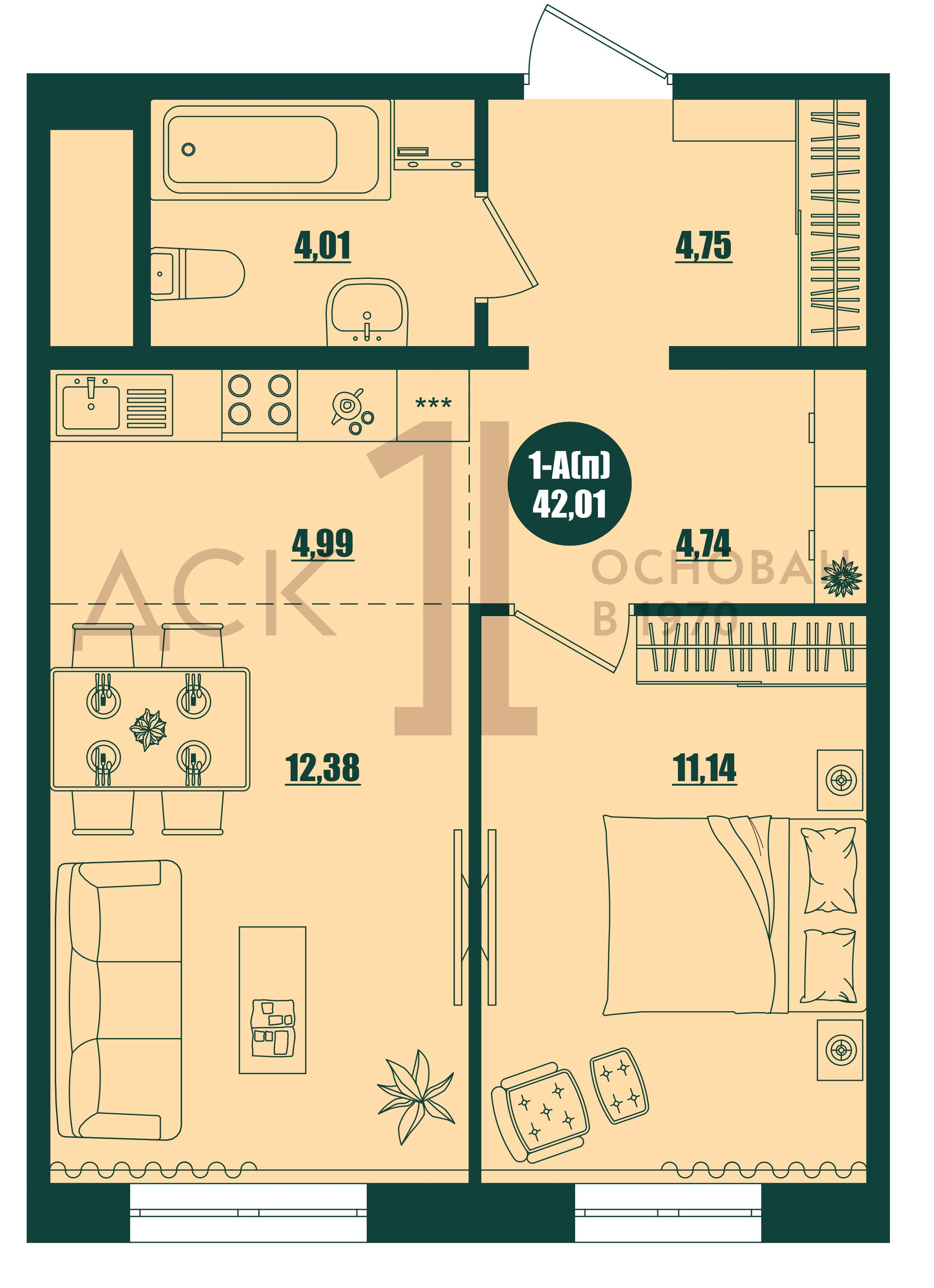 1-комнатная 42 м2 в ЖК Крылов корпус null этаж 14