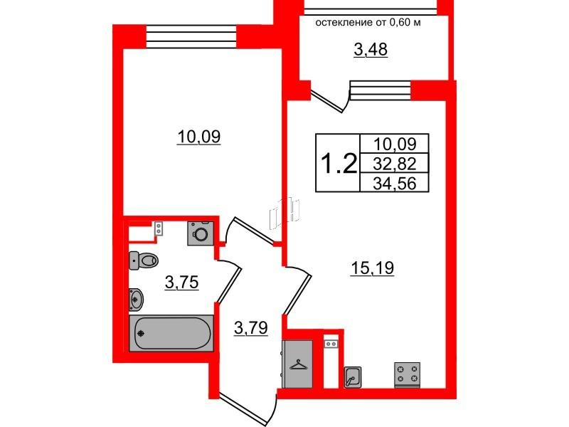 1-комнатная 32 м2 в ЖК Univer City корпус null этаж 2