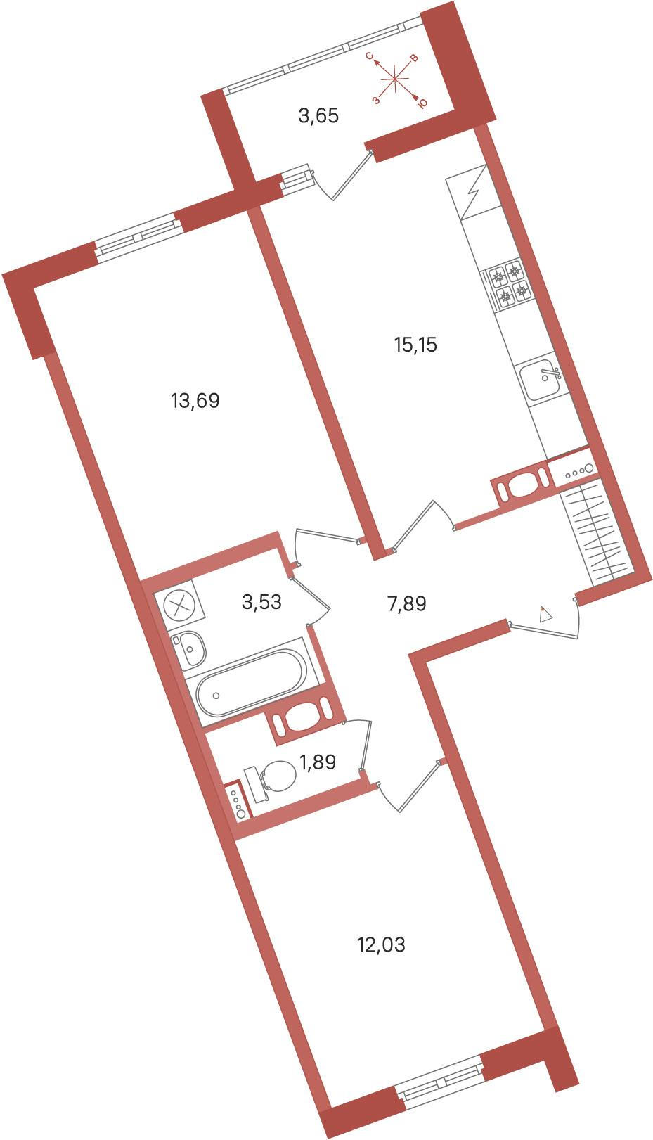 2-комнатная 56 м2 в ЖК ПАТИО. Уютный квартал корпус null этаж 9