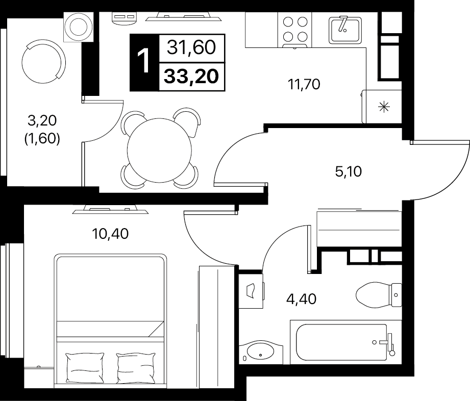 1-комнатная 33 м2 в ЖК Эстет корпус null этаж 10