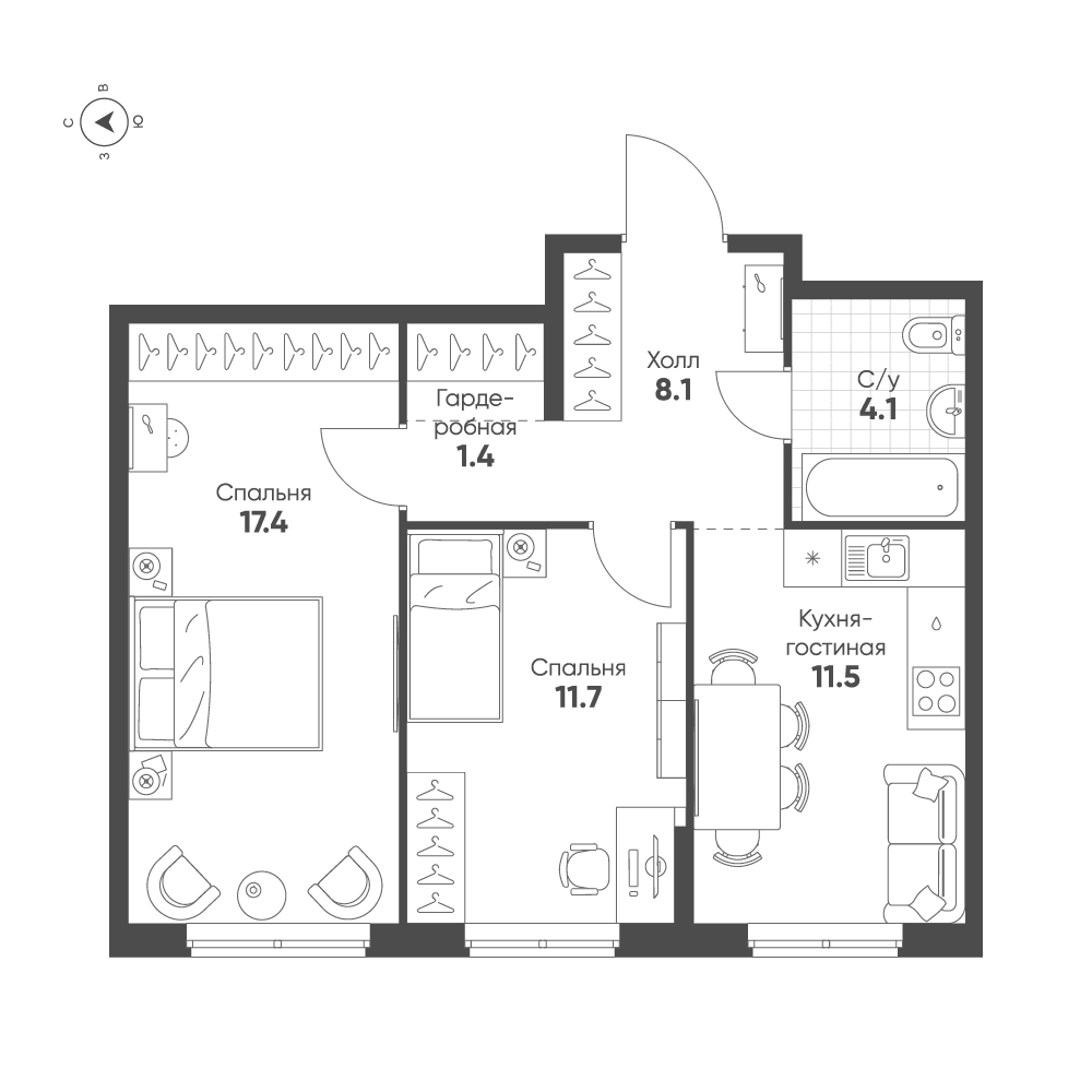2-комнатная 54 м2 в ЖК Ягодное Река Парк корпус null этаж 2