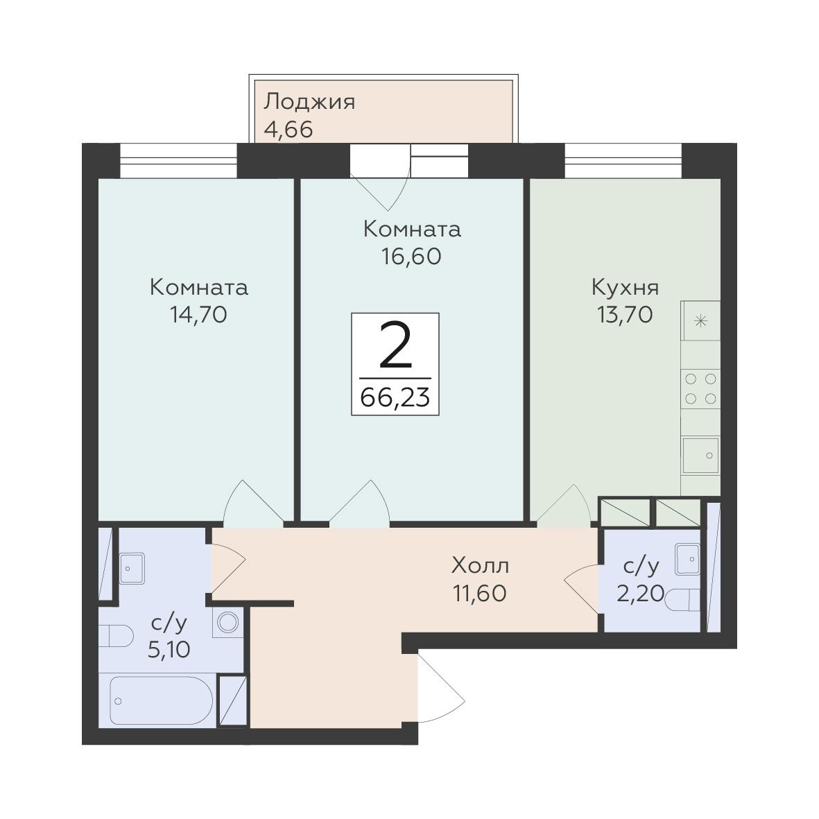 2-комнатная 66 м2 в ЖК Малаховский корпус null этаж 4