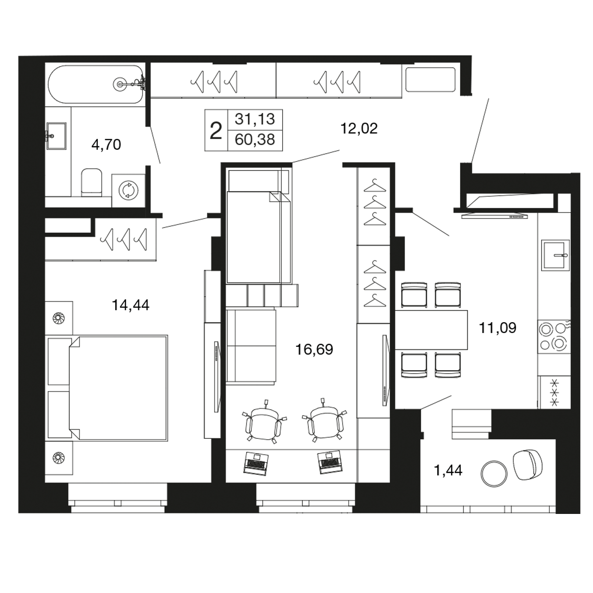 2-комнатная 60 м2 в ЖК Времена года корпус null этаж 4