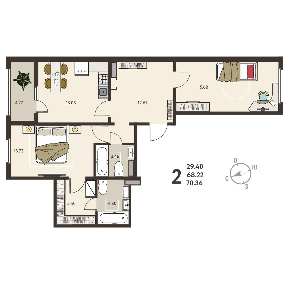 2-комнатная 70 м2 в ЖК ИНСТЕП.СИТИ корпус null этаж 4