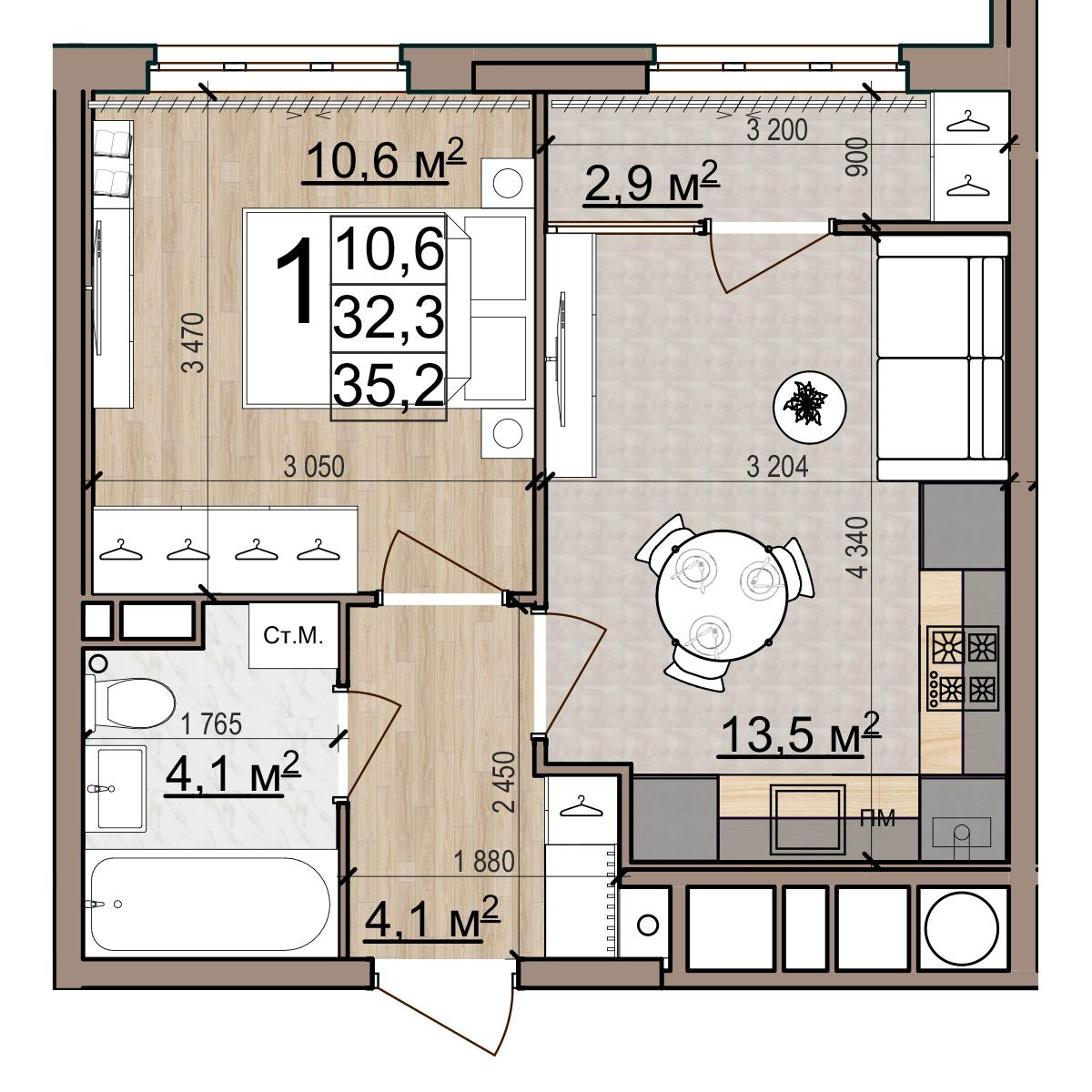 1-комнатная 35 м2 в ЖК Еврокласс-5 корпус null этаж 11