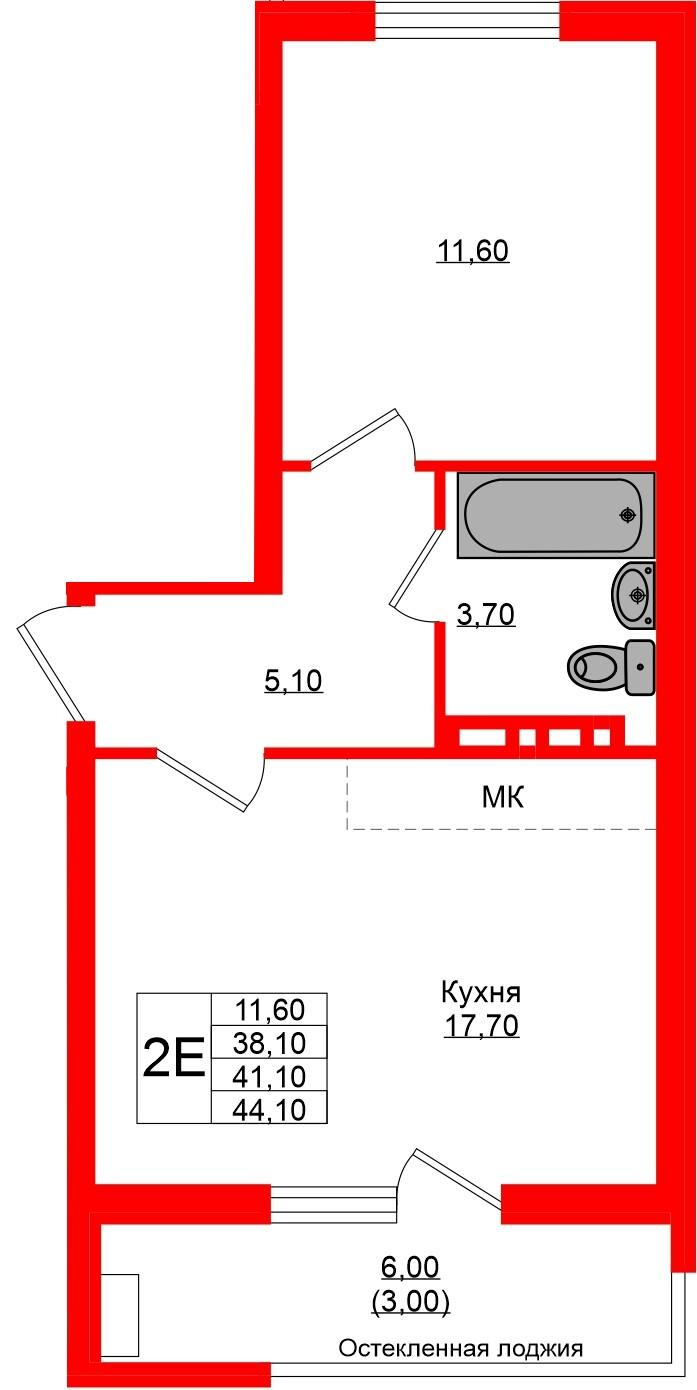 1-комнатная 41 м2 в ЖК Кроны и Волны корпус null этаж 4