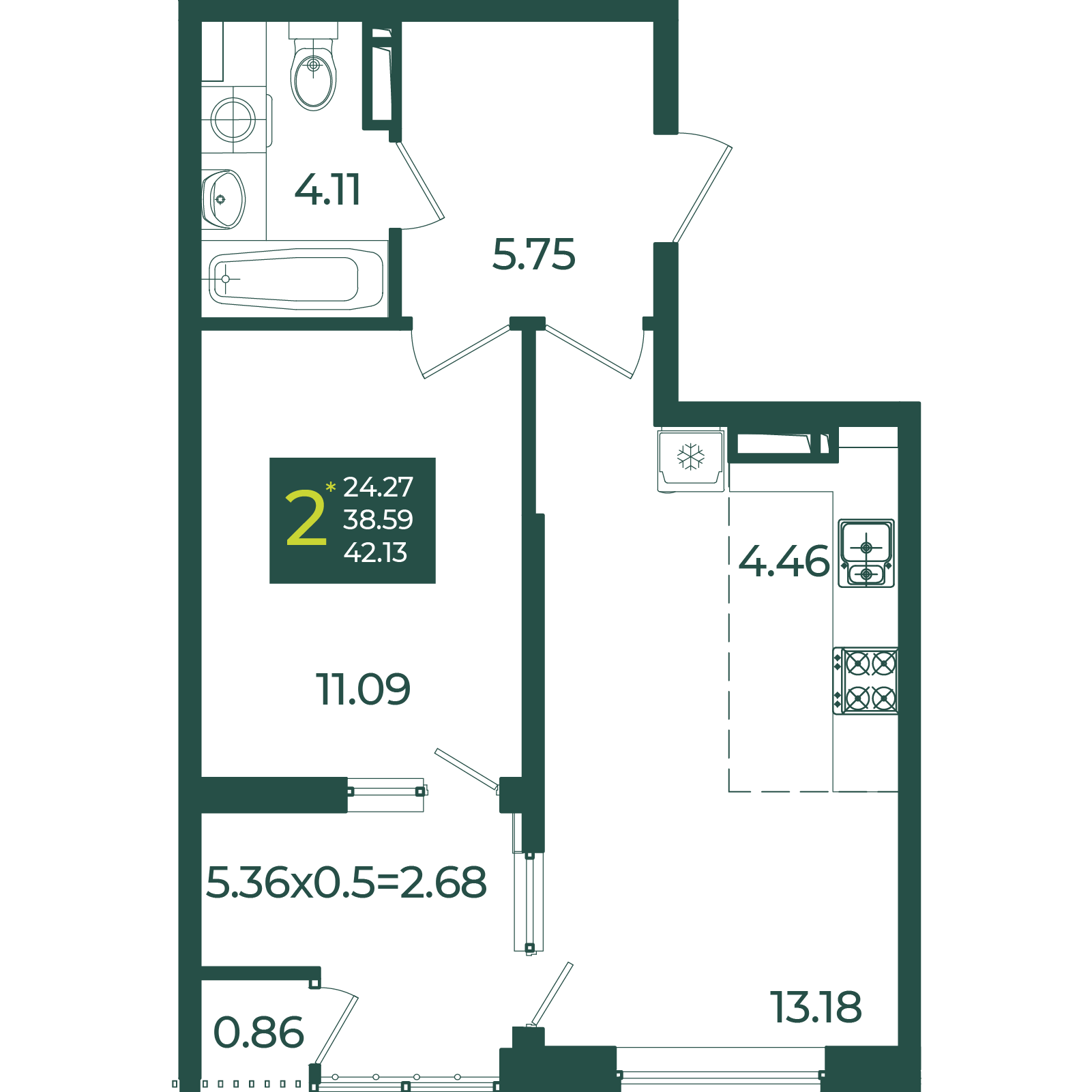 2-комнатная 42 м2 в ЖК Образцово корпус null этаж 13