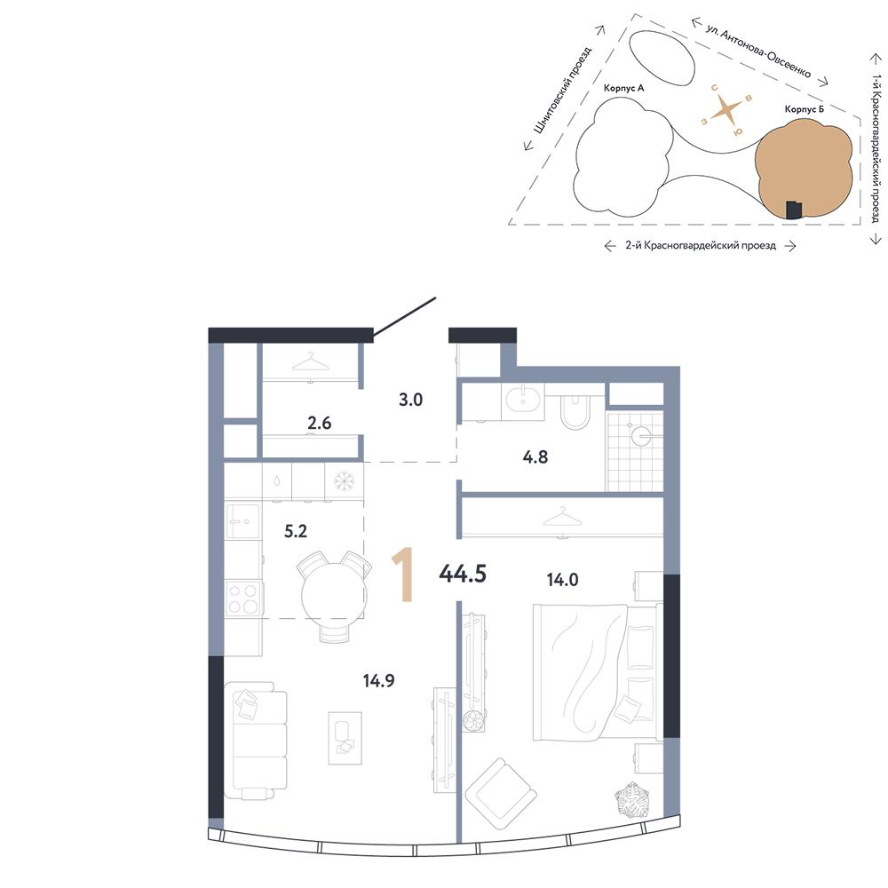 1-комнатная 44 м2 в ЖК АУРУС Резиденции корпус null этаж 22