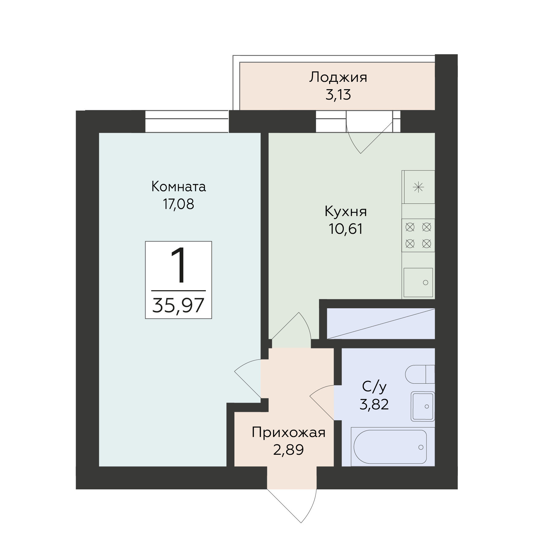 1-комнатная 35 м2 в ЖК Юность корпус null этаж 17