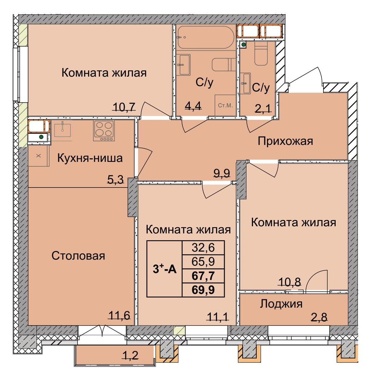 3-комнатная 66 м2 в ЖК Тетра корпус null этаж 14