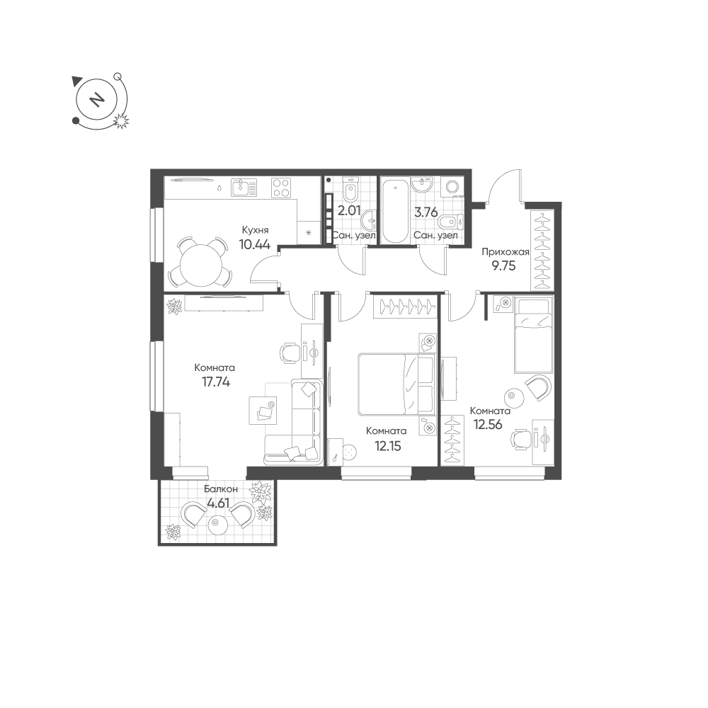 3-комнатная 69 м2 в ЖК Балтым-Парк корпус null этаж 4