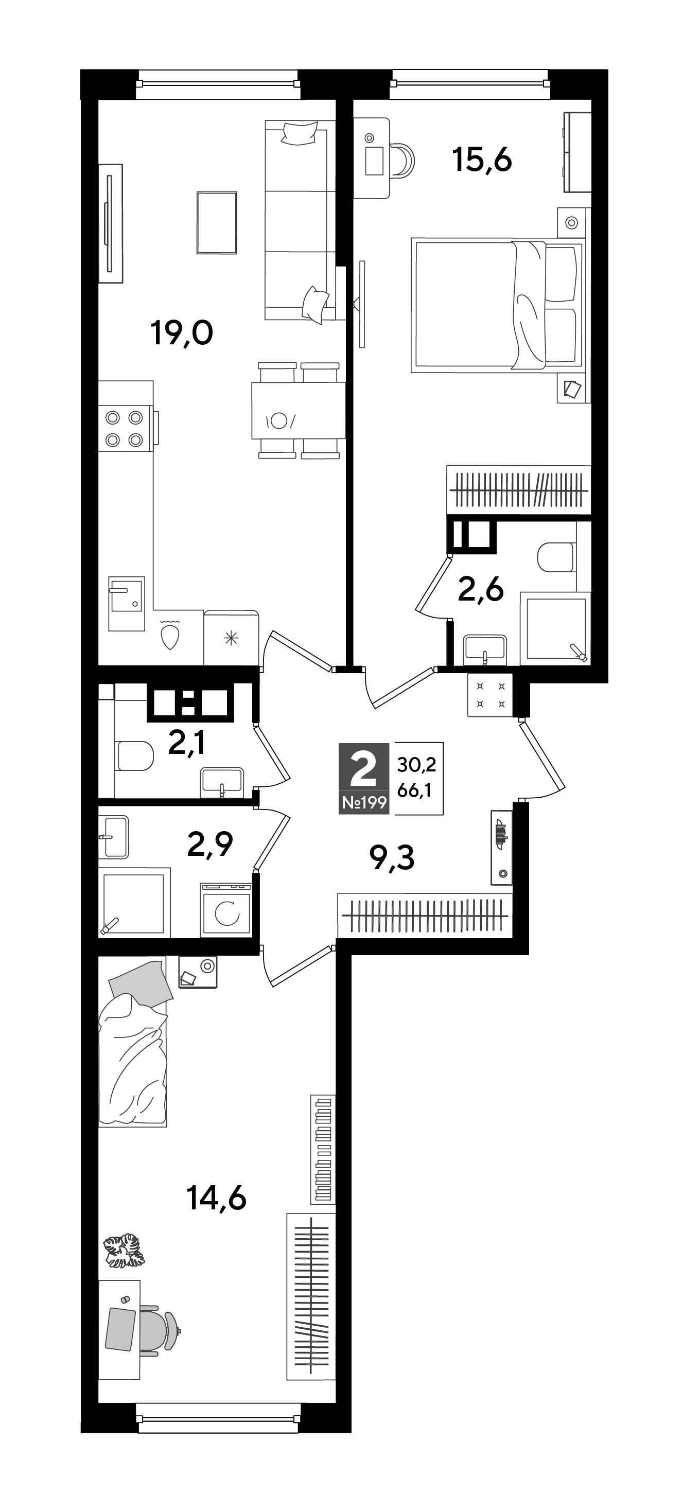 2-комнатная 66 м2 в ЖК Dogma Park корпус null этаж 9