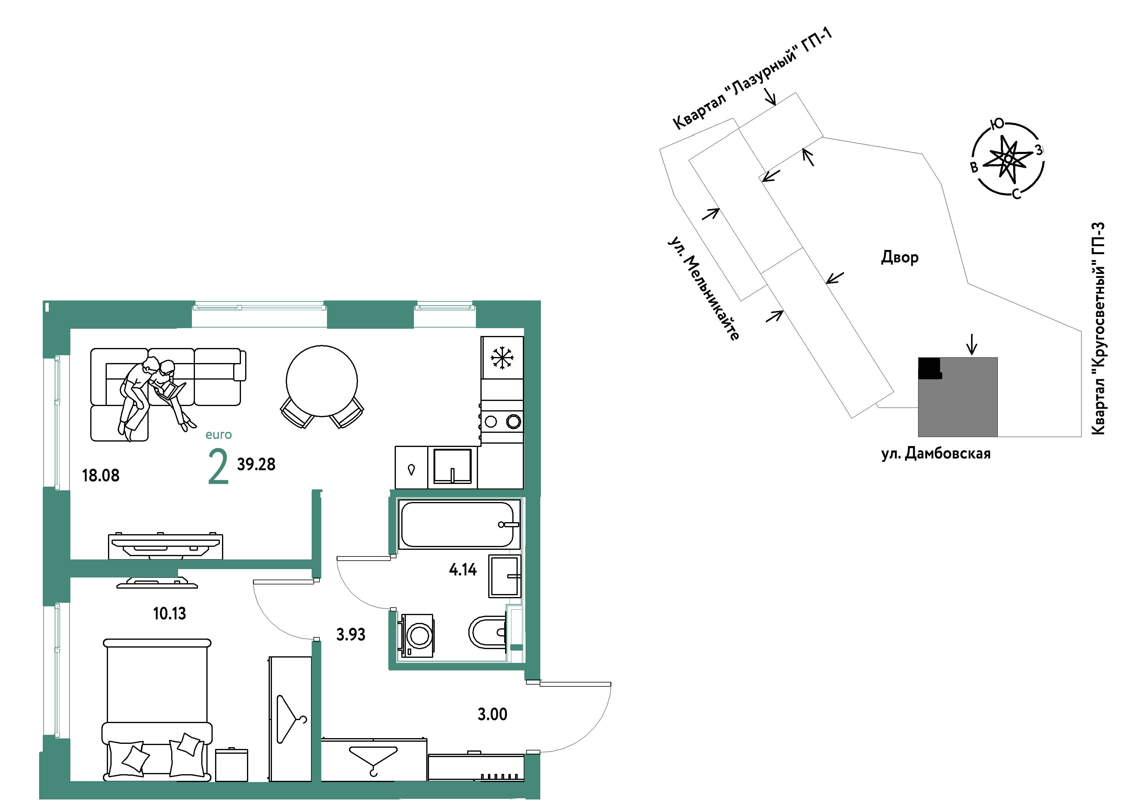 2-комнатная 39 м2 в ЖК Страна.Прибрежная корпус null этаж 7