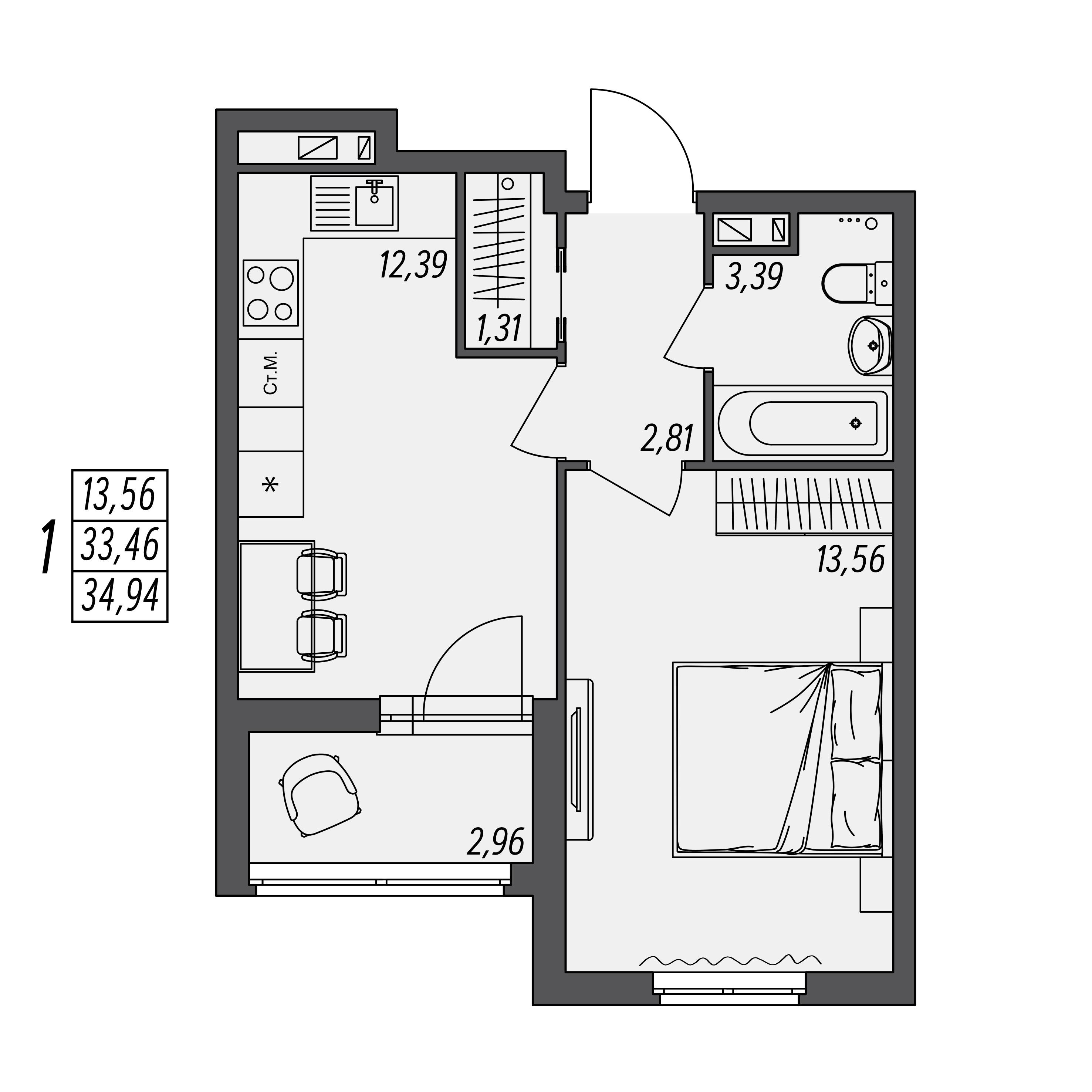 1-комнатная 34 м2 в ЖК ‎Северный корпус null этаж 7