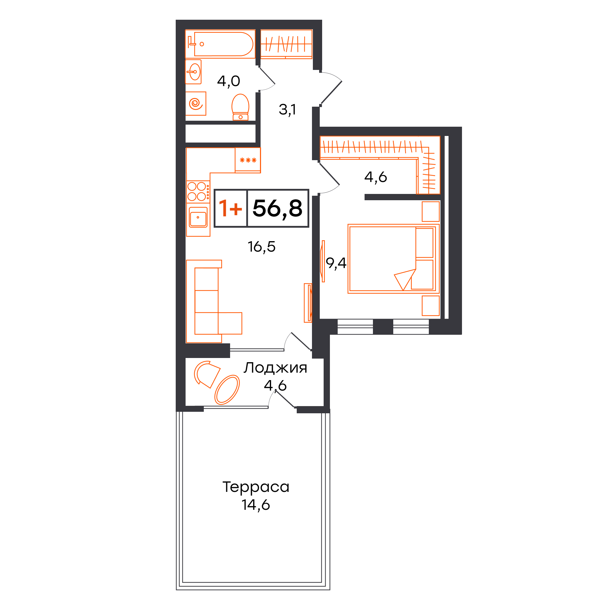 1-комнатная 56 м2 в ЖК УНО. Умный квартал корпус null этаж 1