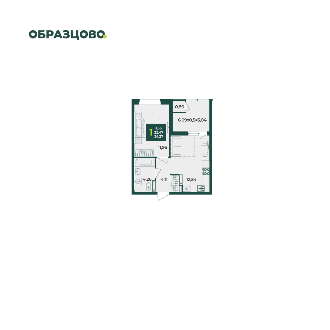 1-комнатная 36 м2 в ЖК Образцово корпус null этаж 11