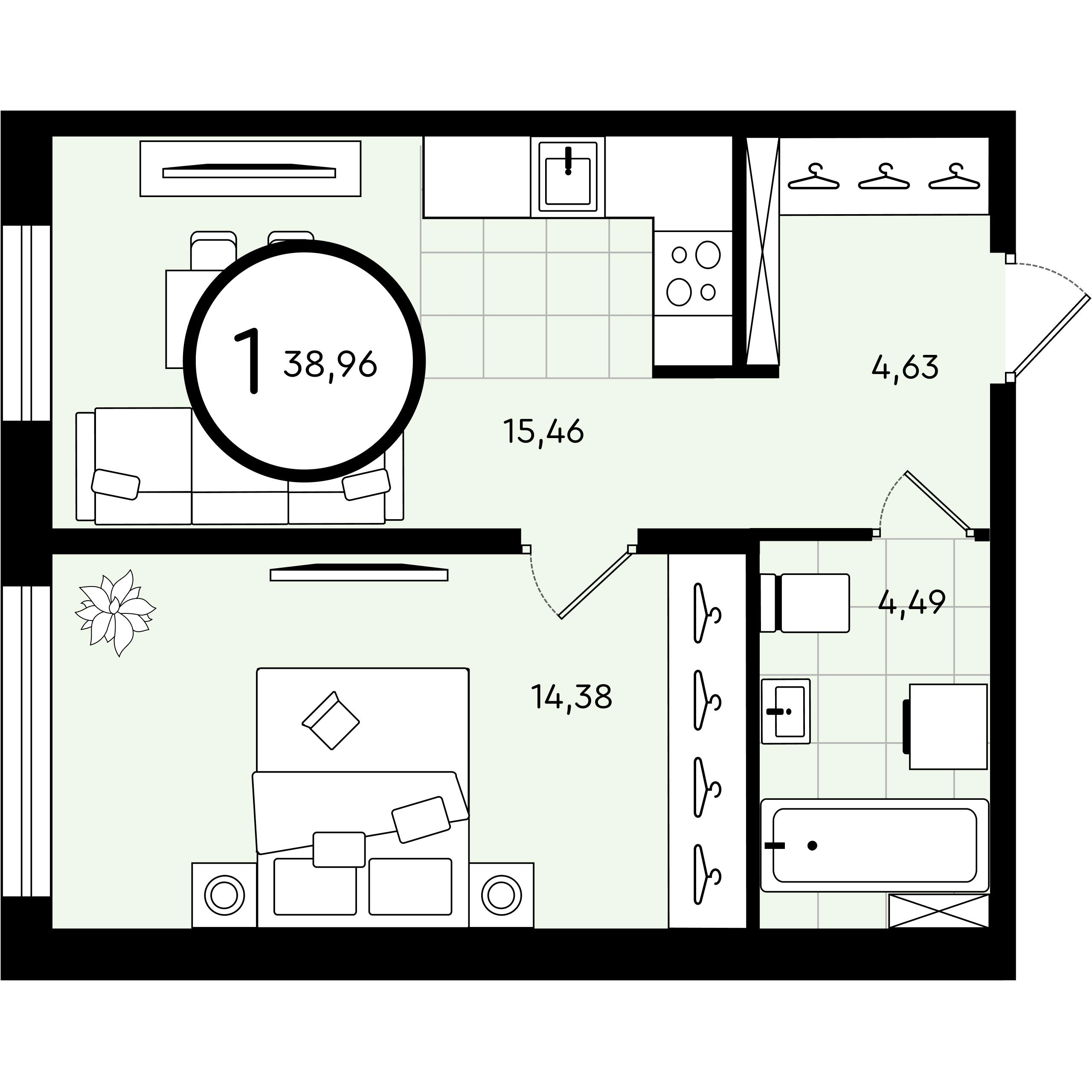 1-комнатная 38 м2 в ЖК Зеленые Аллеи корпус null этаж 2