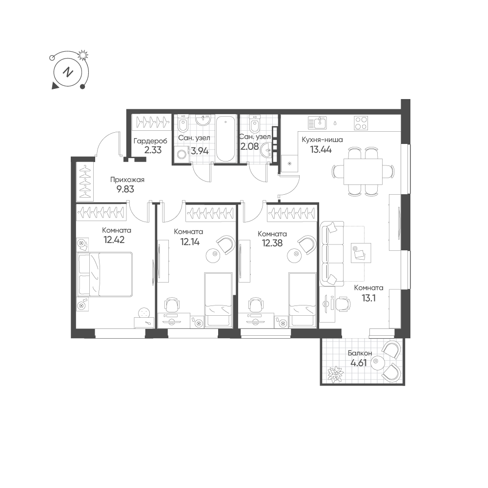 4-комнатная 83 м2 в ЖК Балтым-Парк корпус null этаж 2