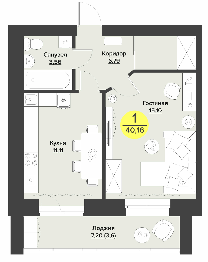 1-комнатная 40 м2 в ЖК undefined корпус null этаж 8