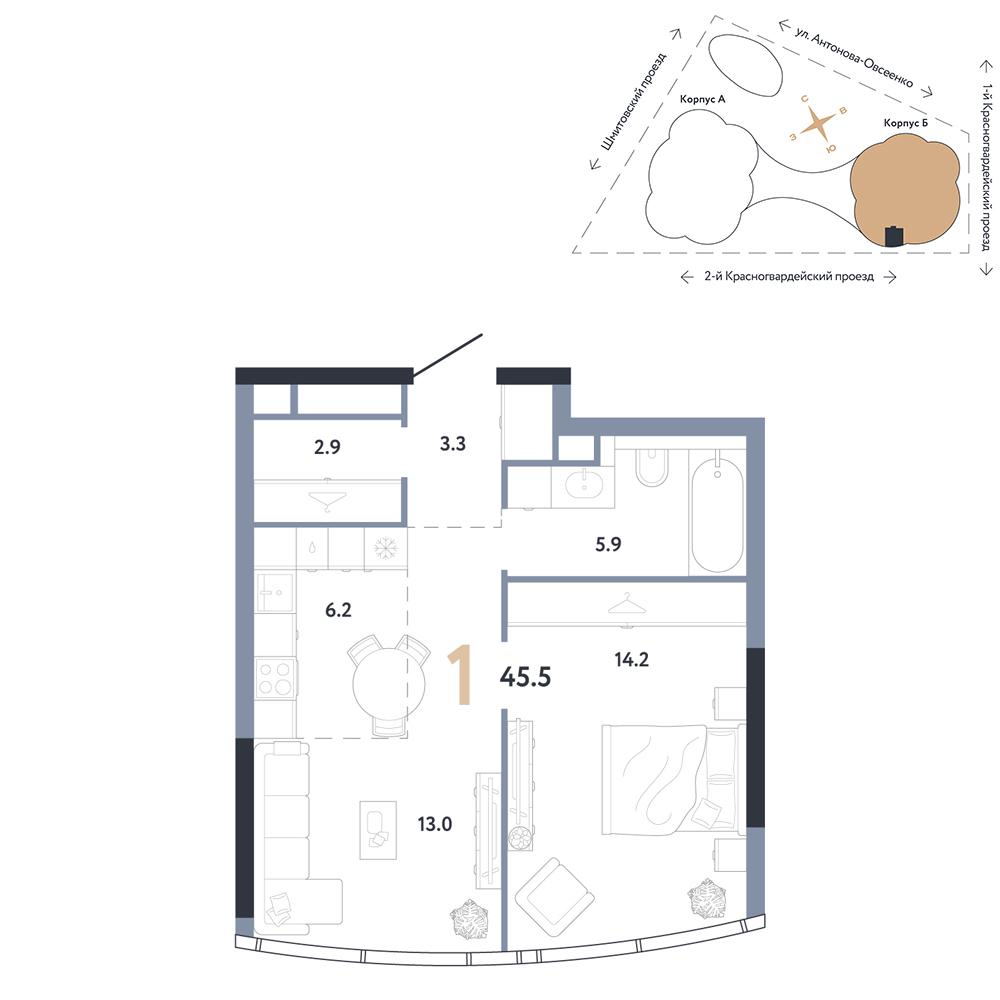 1-комнатная 45 м2 в ЖК AURUS Residences корпус null этаж 55