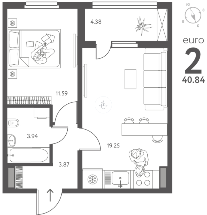 1-комнатная 40.8 м2 в ЖК undefined корпус null этаж 13