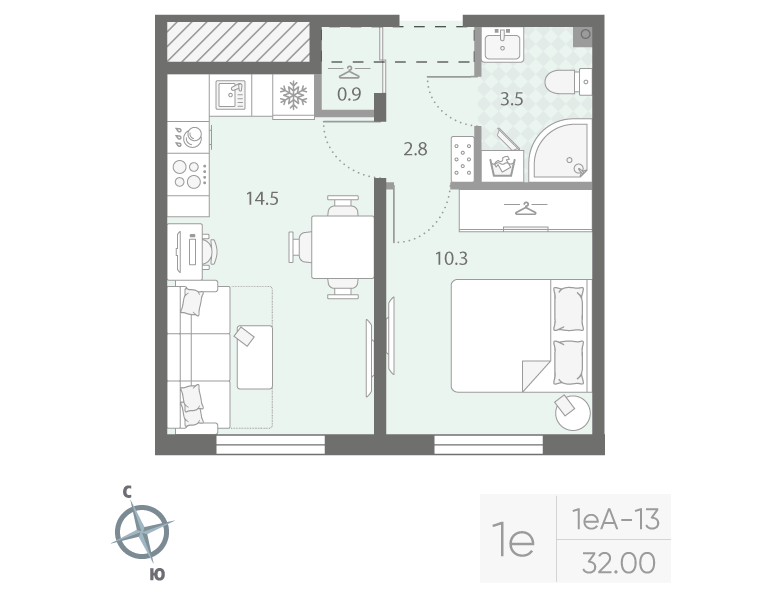 1-комнатная 32 м2 в ЖК Дыбенко Парк корпус null этаж 9