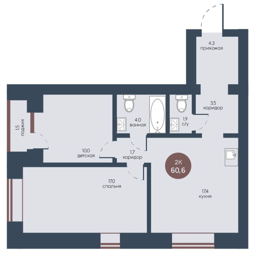 2-комнатная 60.6 м2 в ЖК undefined корпус null этаж 1