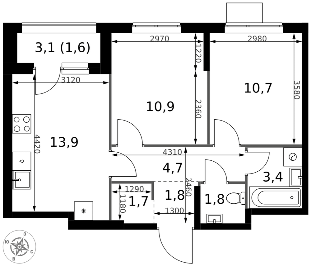 2-комнатная 50 м2 в ЖК 1-й Измайловский корпус null этаж 8