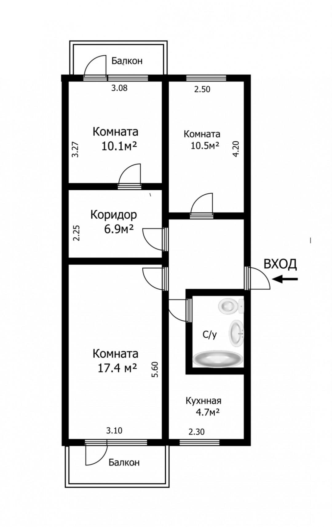 3-комнатная 60.7 м2 в ЖК undefined корпус null этаж 4